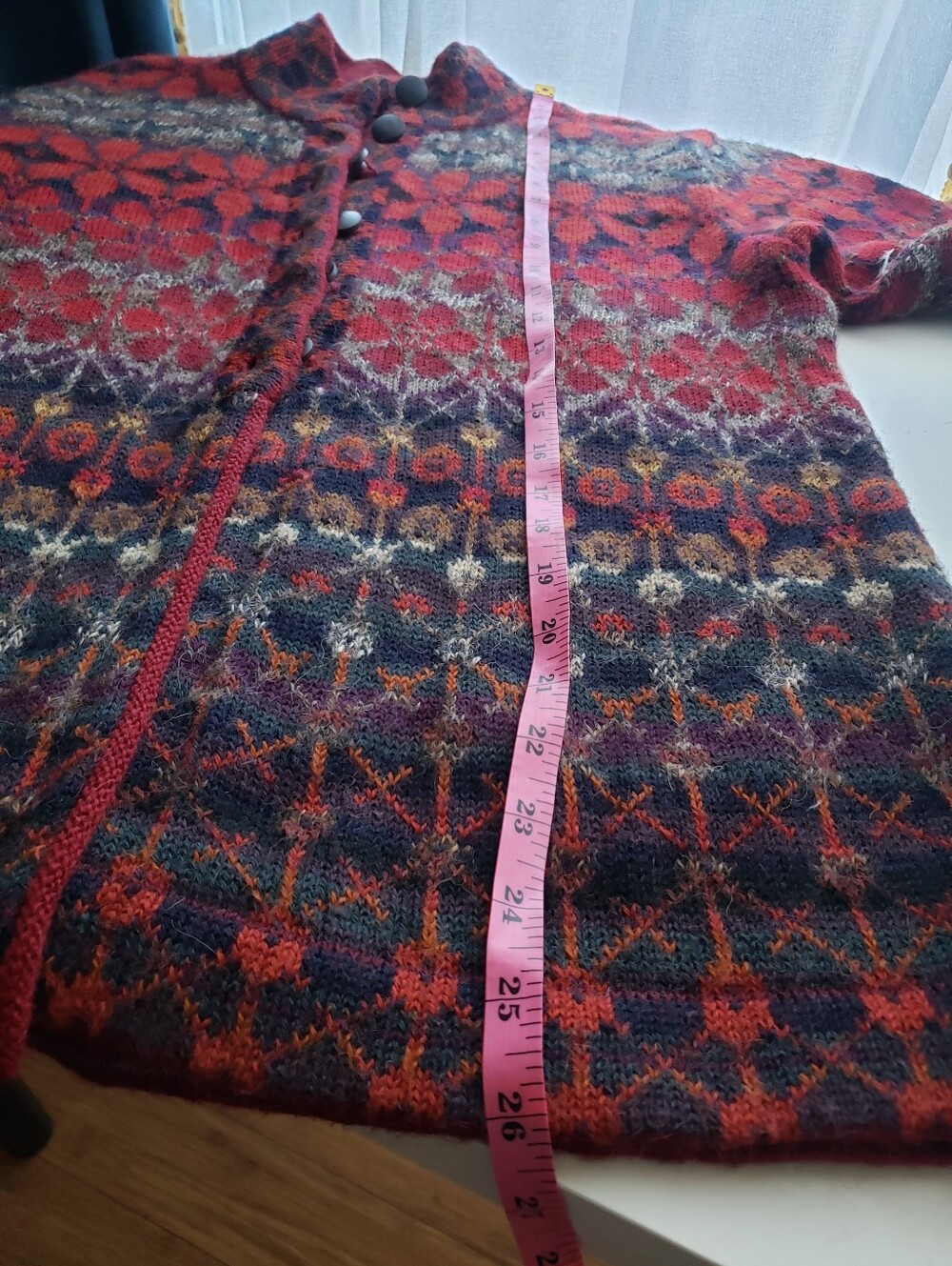 Intiwara 100% Soft Alpaca Red Multicolor Patterned Knit Cardigan Sweater - Picture 10 of 11